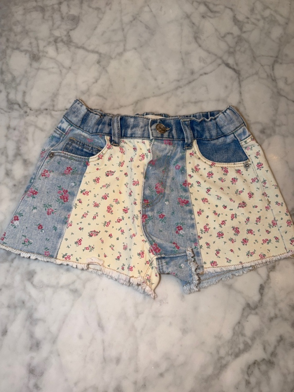 Zara Floral Patchwork Jean Shorts - Cream & Light Blue 4Y